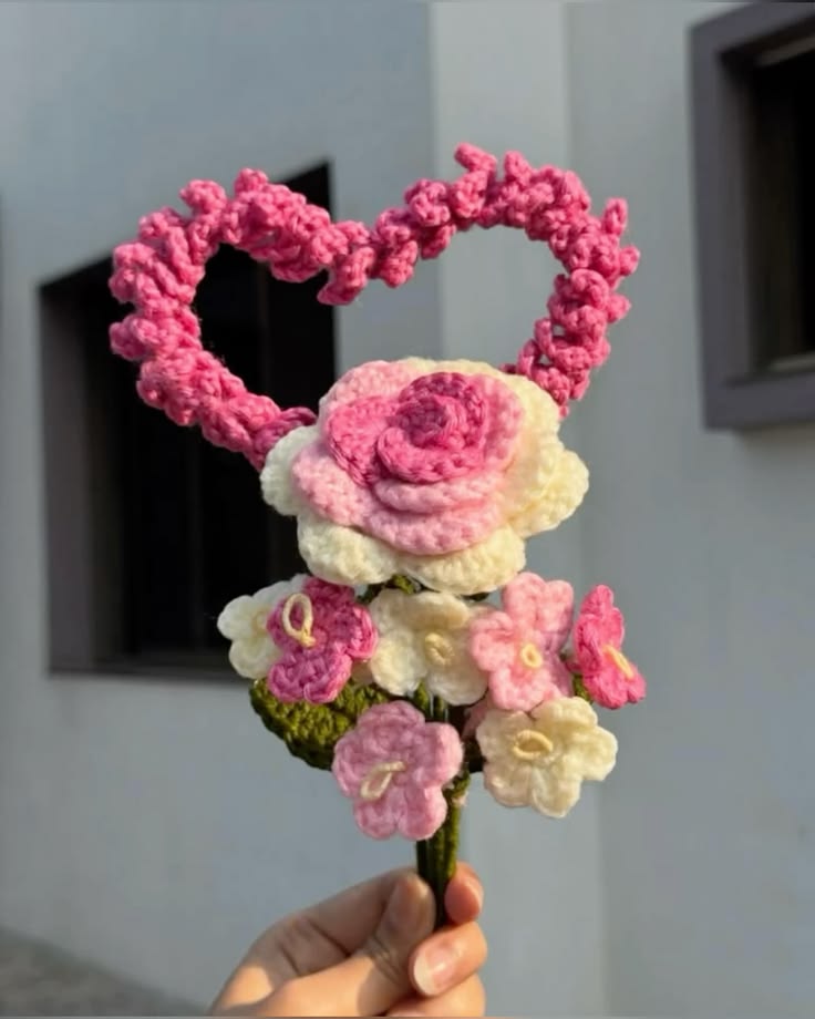 Pink & White Heart Crochet Bouquet