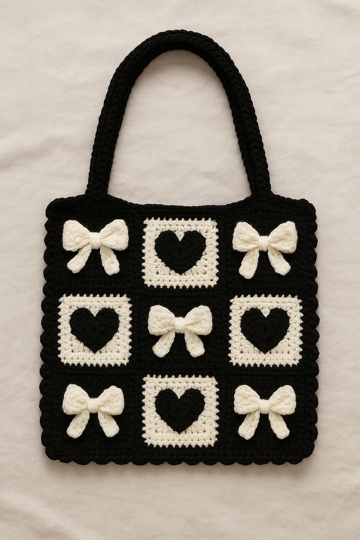 Black Granny Square Crochet Tote Bag